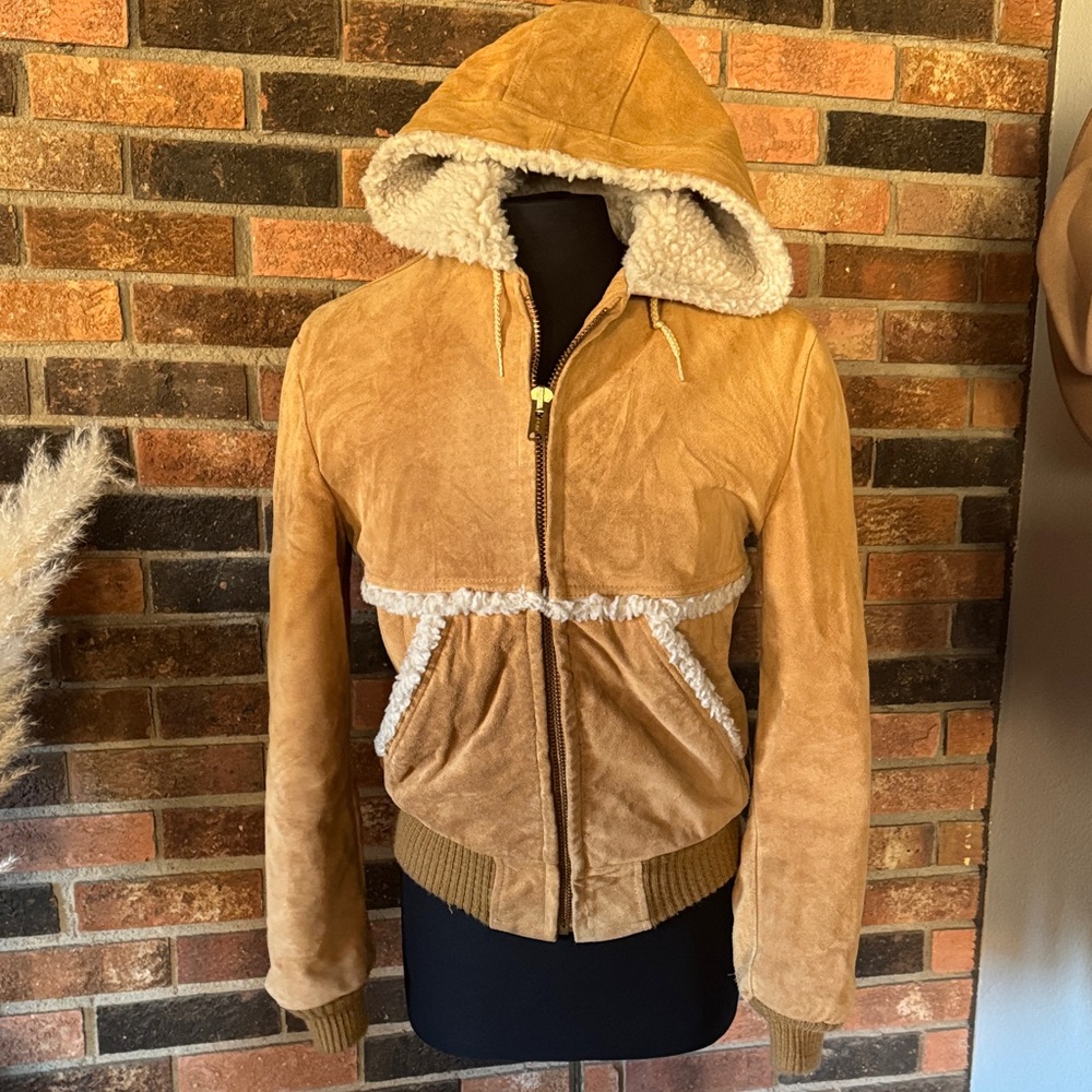 Rugged Country by Campus Vintage Suede Sherpa Lined Hooded Bomber Jacket Tan 38